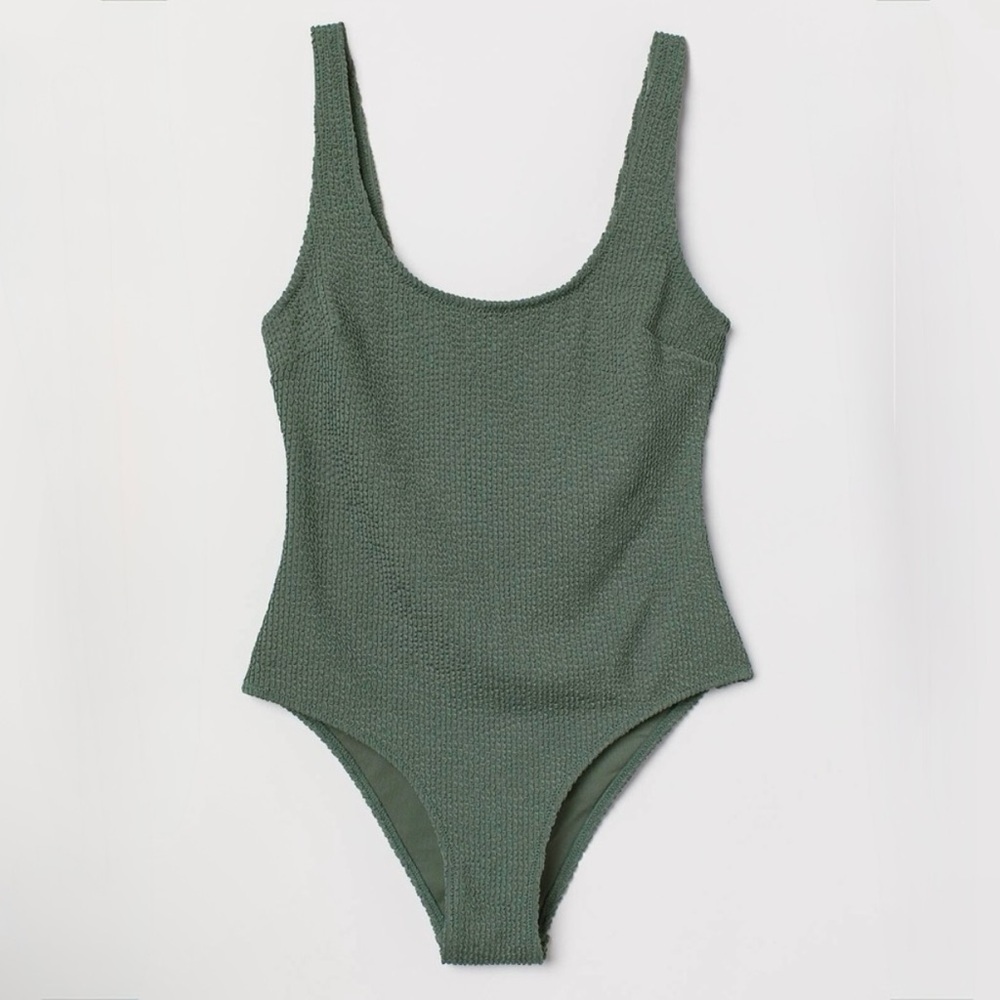 H&M Ribbed Bodysuit M Green Bathing Suit One Piece Medium Womens